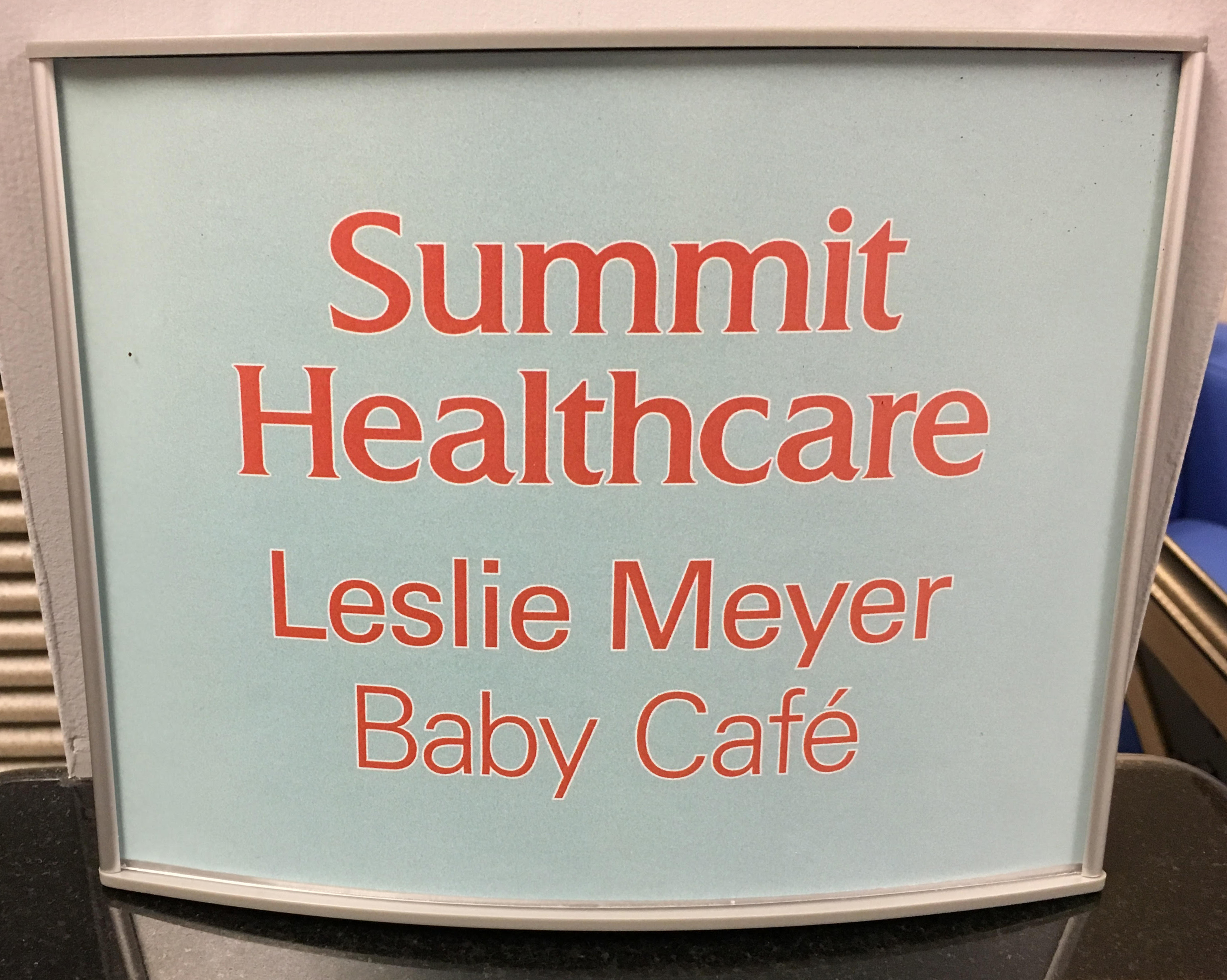 Leslie Meyer's name on the baby cafe sign