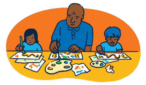 grandfather does art project with young children