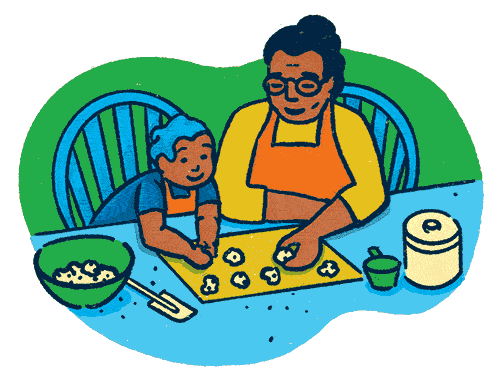 grandmother cooks with toddler