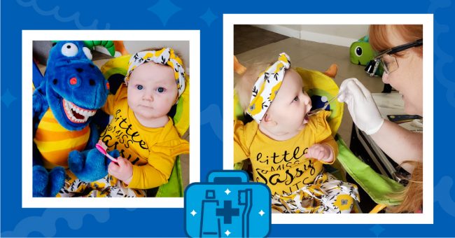 baby in yellow shirt getting an oral health screening