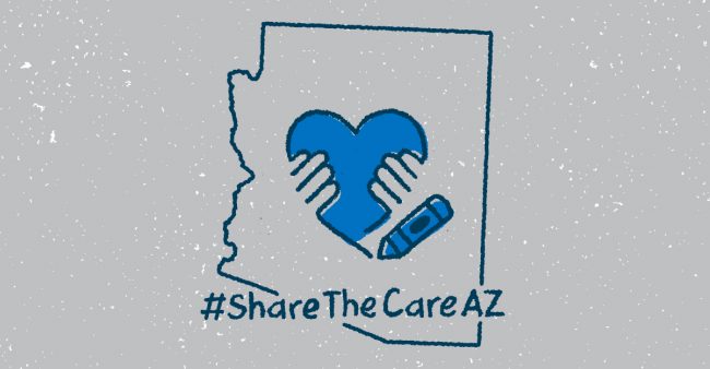 Share the Care AZ hastag with hands on a blue heart and Arizona outline