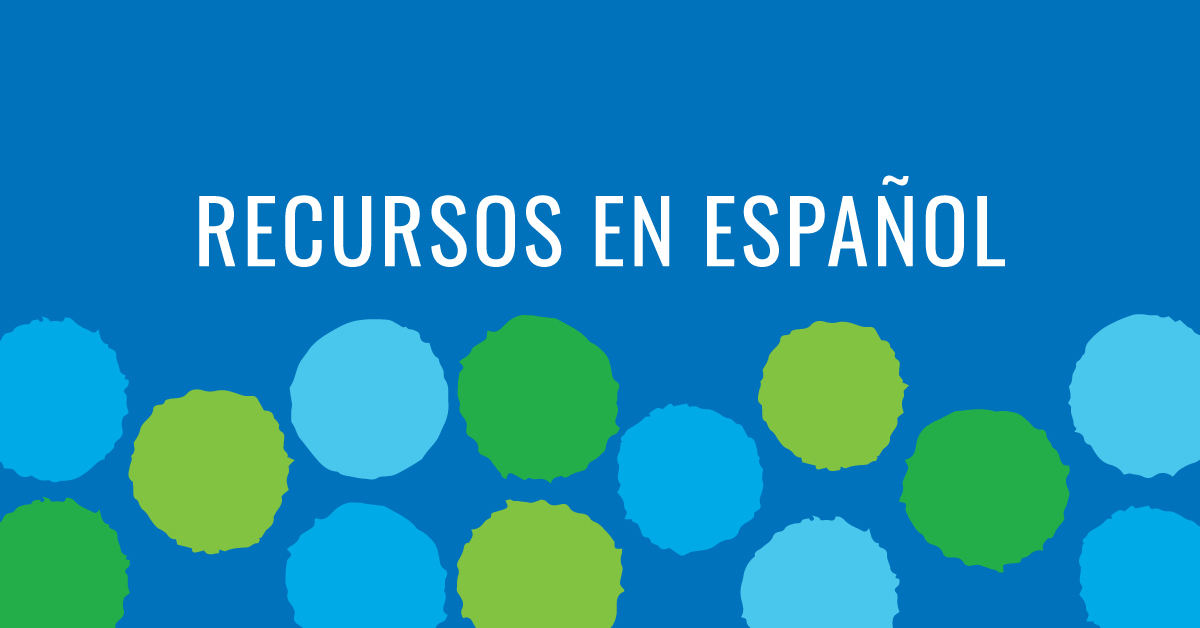 Resources in Spanish on blue background with green and blue polka dots