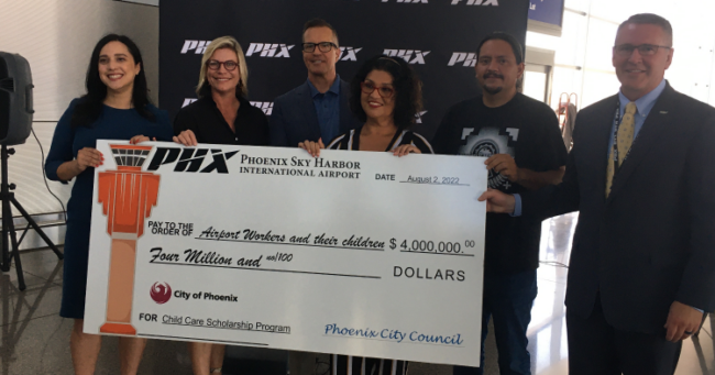 First Things First CEO Melinda Morrison and Gulick stands with community partners to celebrate the City of Phoenix Airport Worker Scholarship Program
