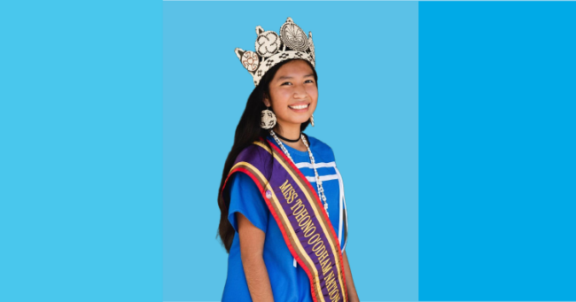 portrait of Mazey Ortega wearing Miss Tohono O'odham Nation crown and sash.
