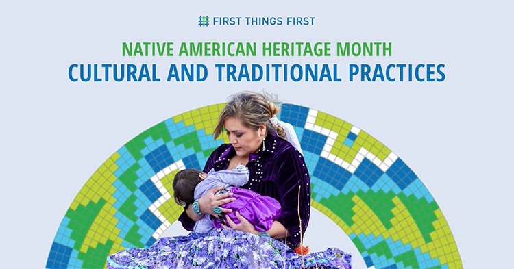 Native American woman breastfeeding a baby girl.