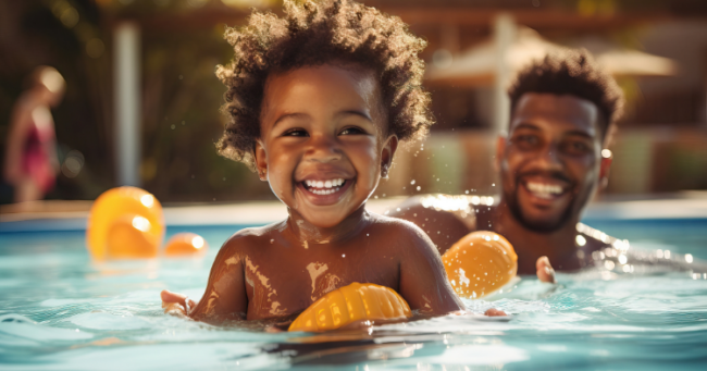 toddler boy and dad splashing in a pool